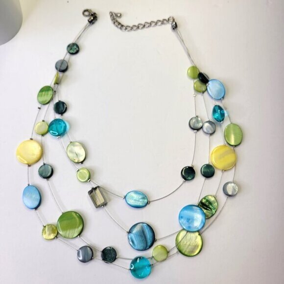 Floating Bead Necklace with Blue and Green Flat Round Discs - Picture 2 of 6